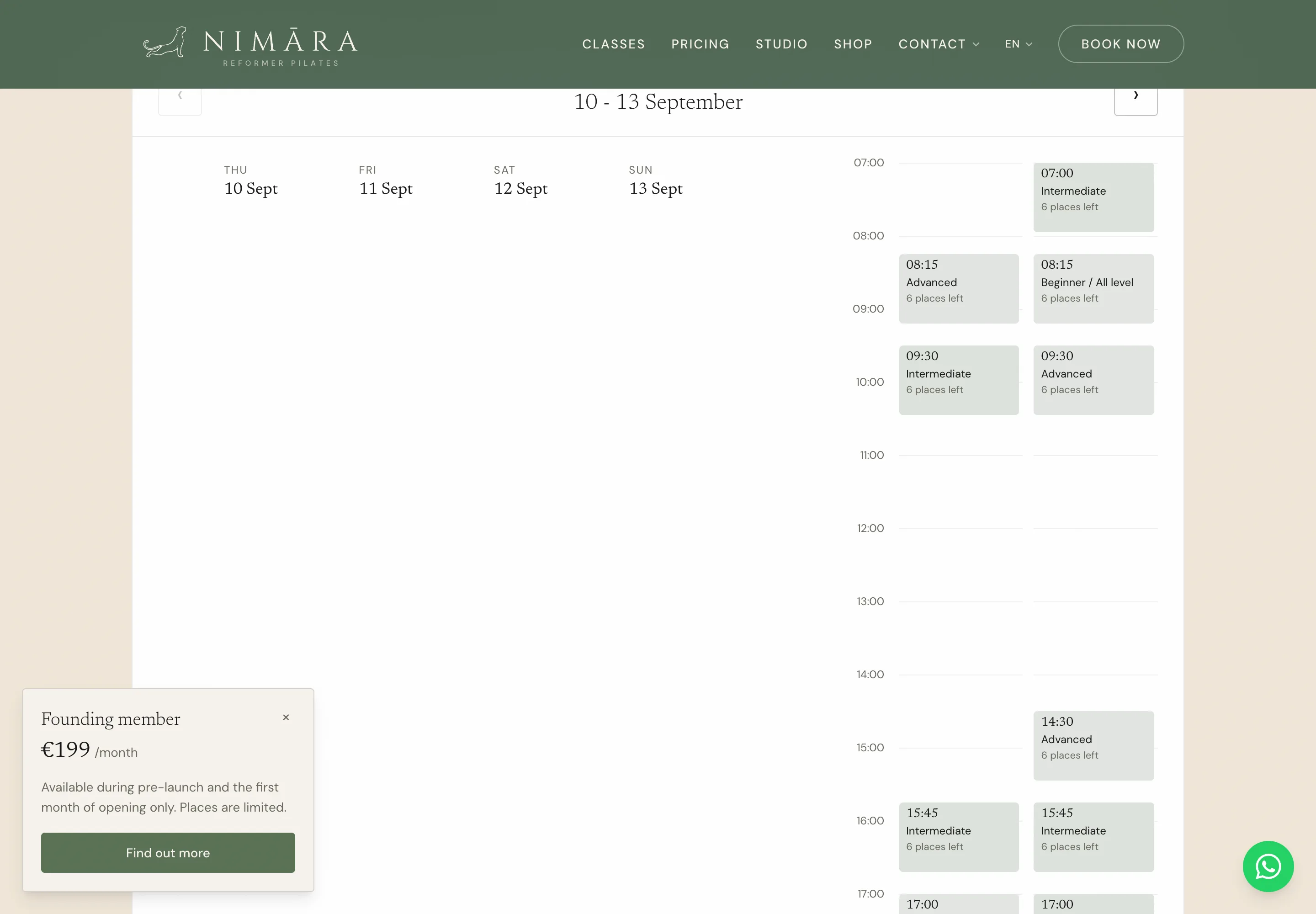 The Nimara classes page, showing the programme