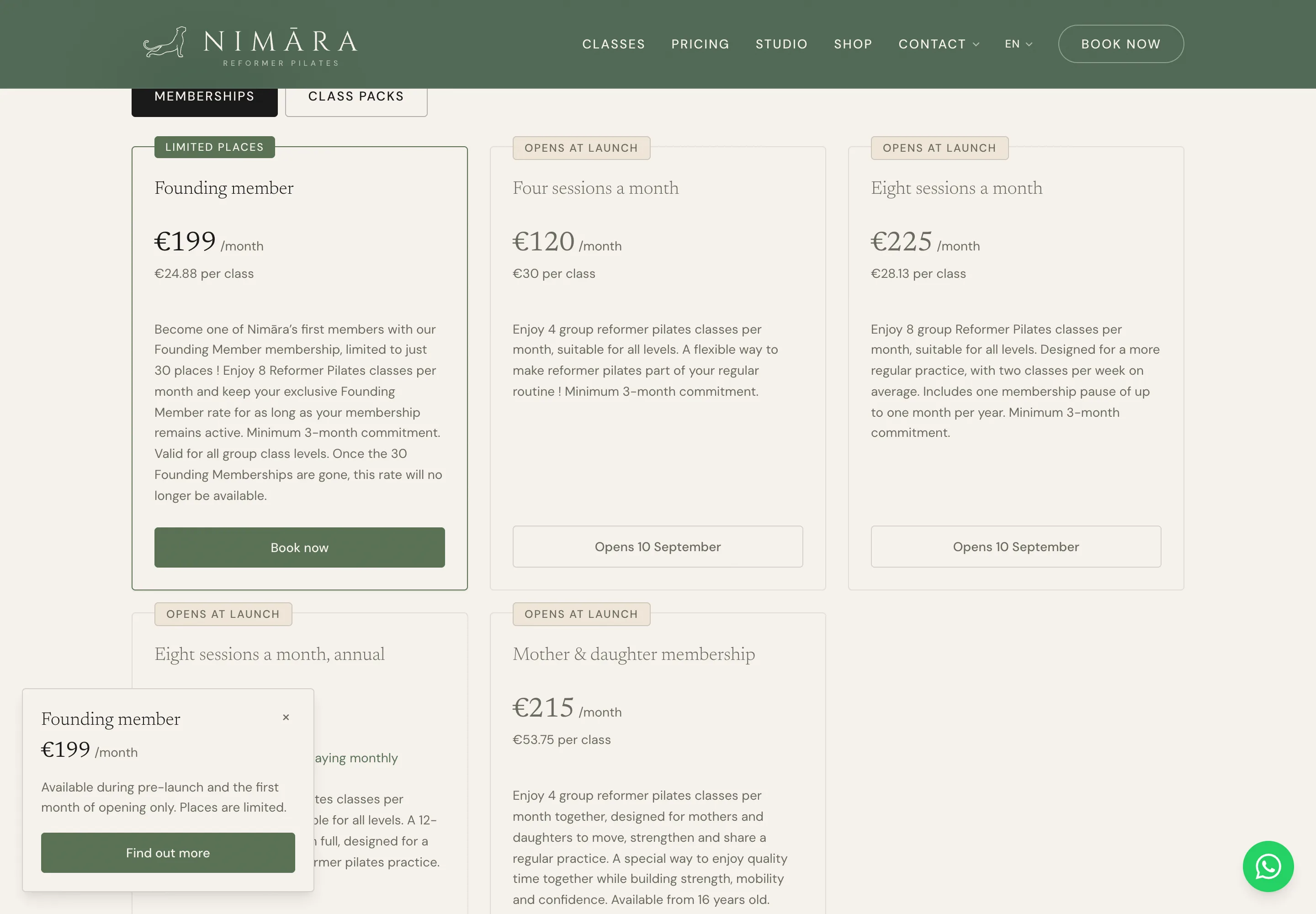 The Nimara pricing page, showing packs and memberships