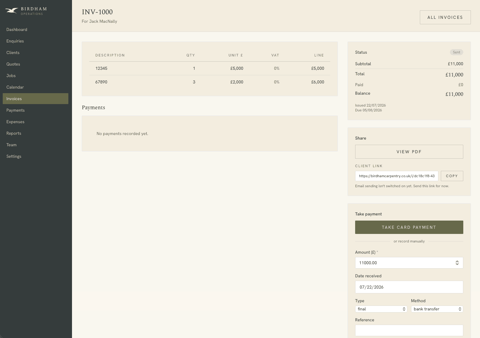 The Birdham Operations admin showing an invoice with client link and card payment