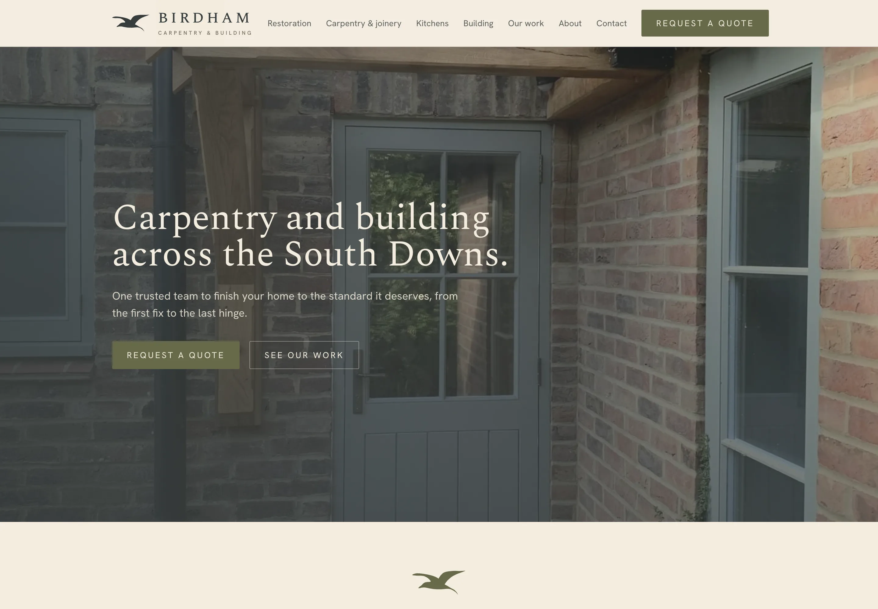 The Birdham Carpentry homepage, with the gull lockup in the header