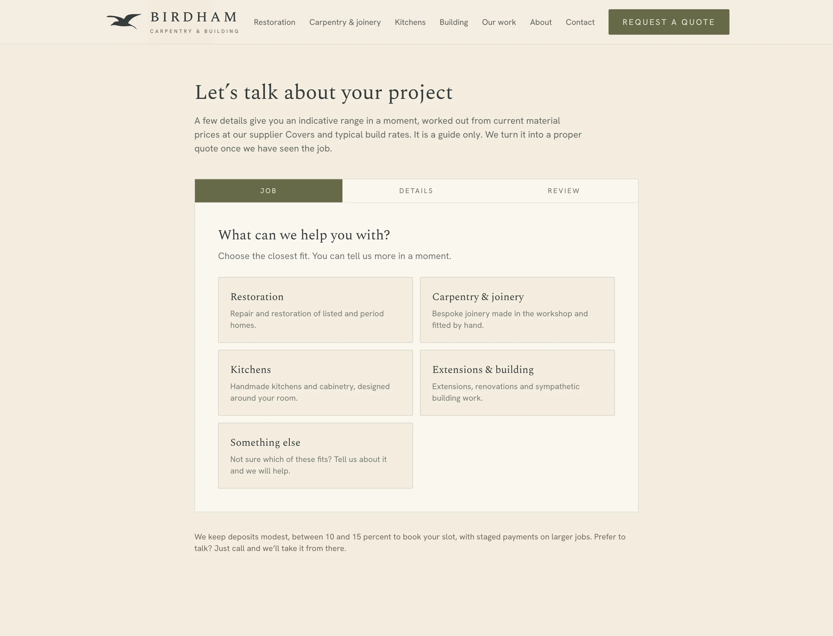 The first step of the Birdham quote flow, choosing a job type