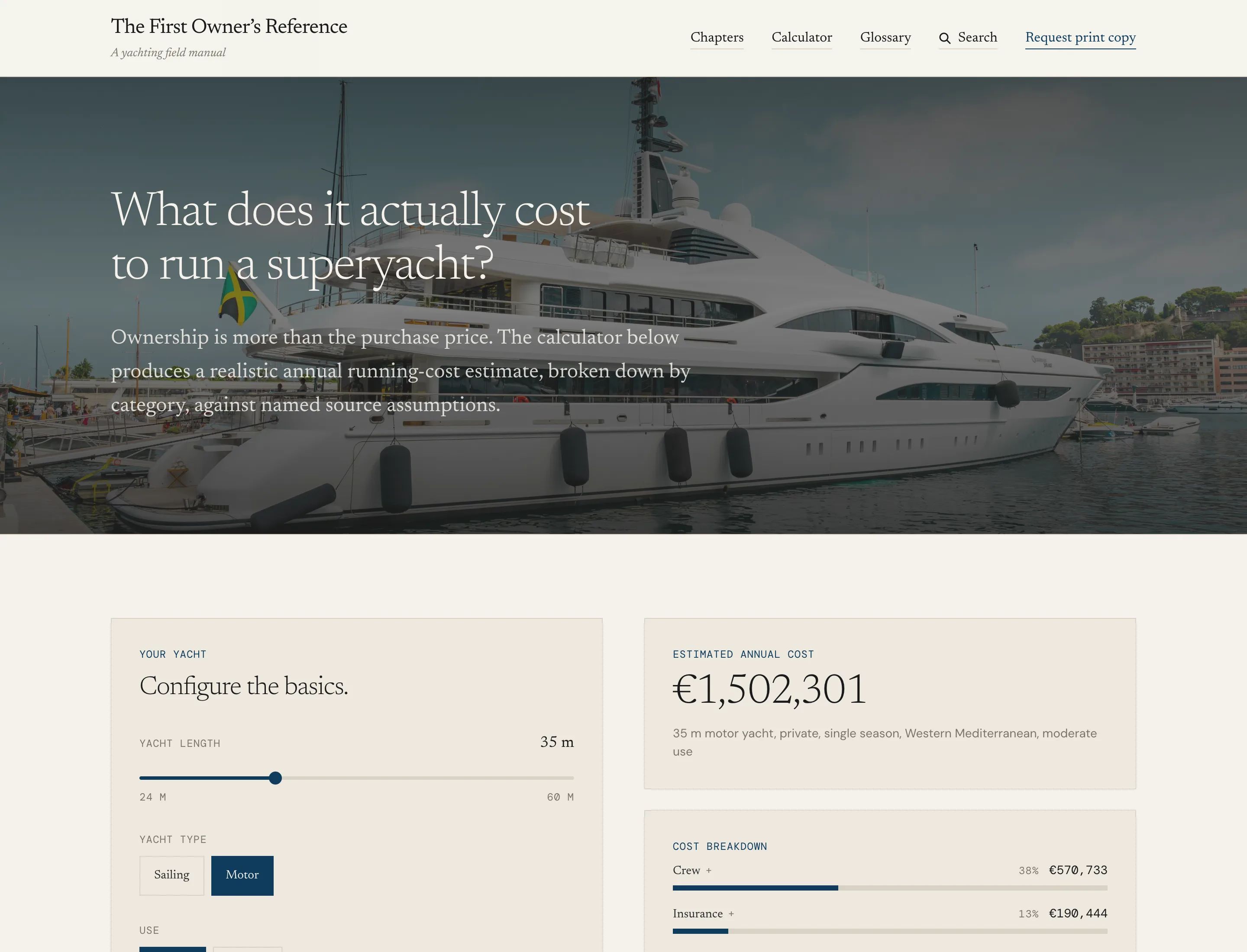 The running cost calculator, with inputs on the left and cost categories on the right