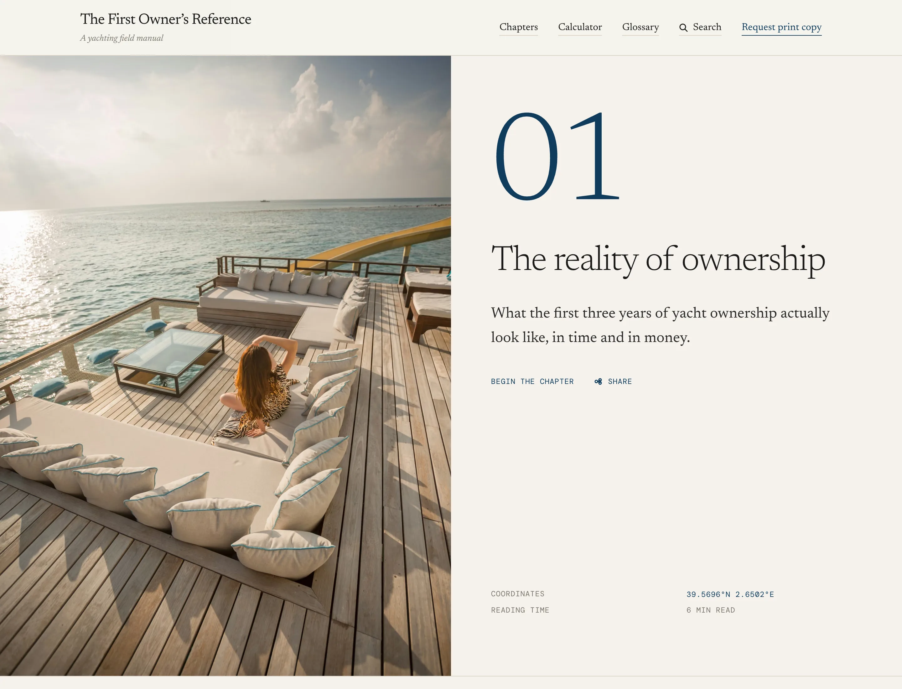 A chapter opening on The First Owner's Reference, with the masthead set live in Newsreader