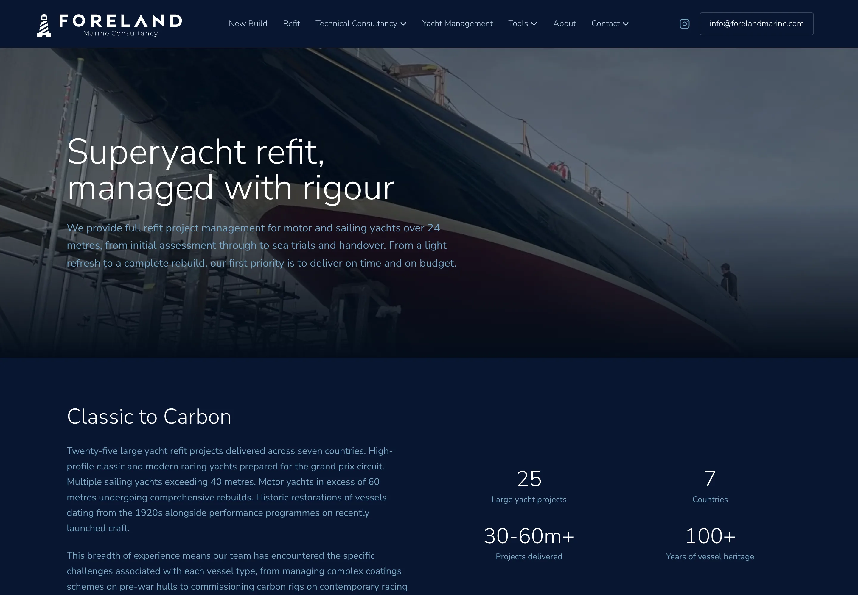 The Foreland Marine refit page, with the lockup in the header over a hero image