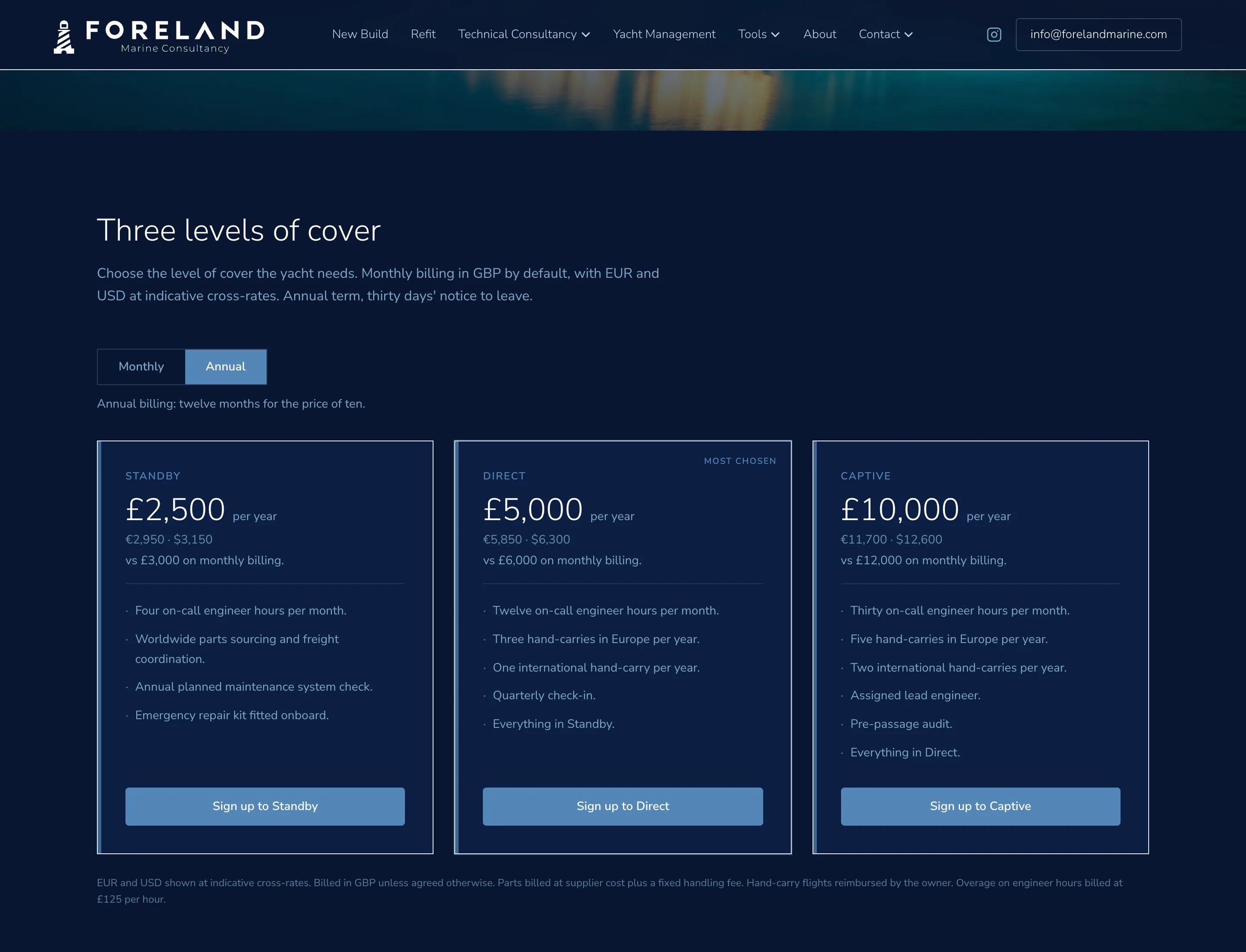 The Technical Support page, showing three subscription tiers