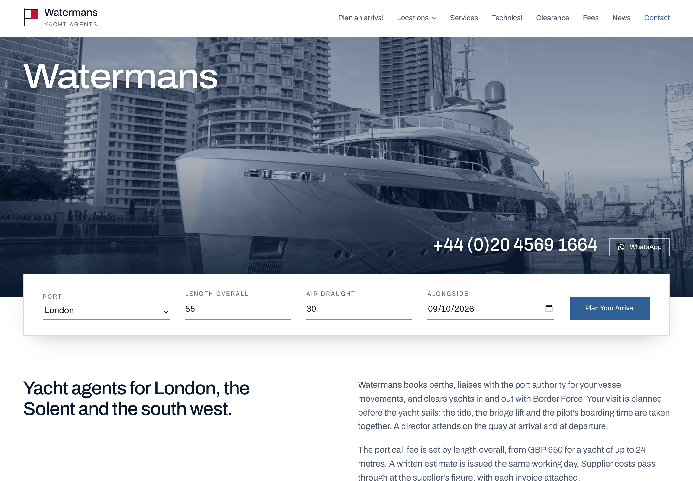 The Watermans homepage, a yacht alongside at West India Dock in navy duotone with the arrival bar beneath