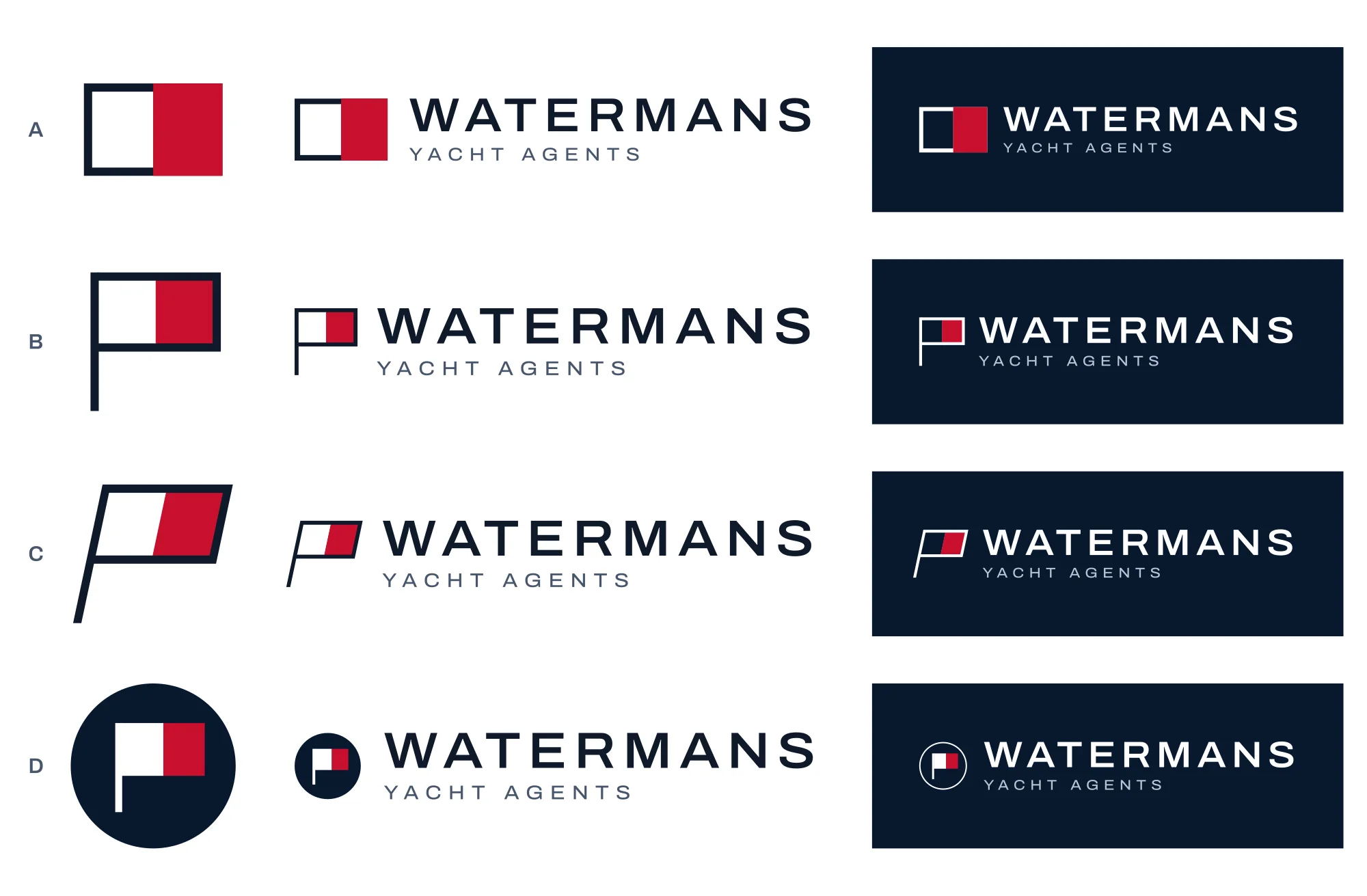 Four options for the Watermans mark and horizontal lockup, each shown on white and on night